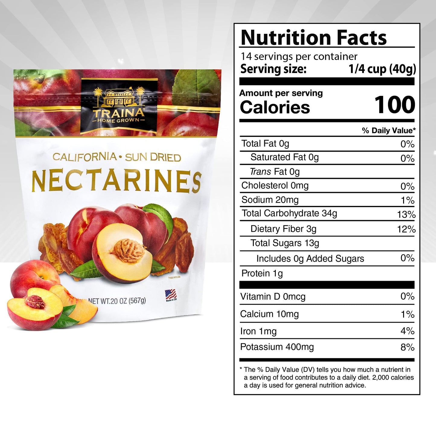 Traina Sun Dried Nectarines - Healthy Non-GMO Snack, 20 Oz Resealable Pouch