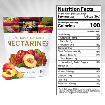 Traina Sun Dried Nectarines - Healthy Non-GMO Snack, 20 Oz Resealable Pouch