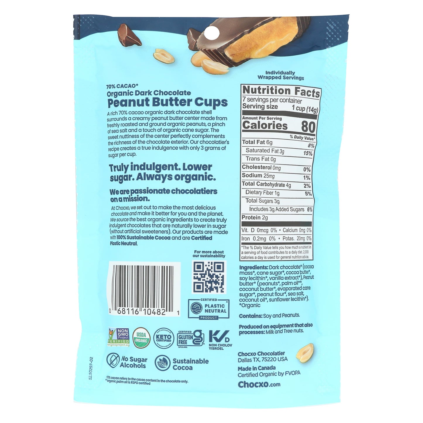 Chocxo Organic 70% Dark Chocolate Peanut Butter Cups, 3.45 Oz