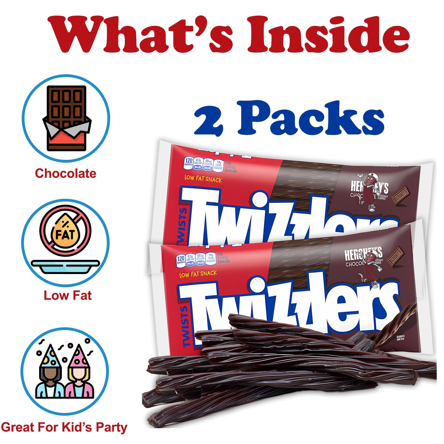 Partypom Chocolate Licorice Twists, Soft & Chewy Candy Sticks, 2 Pack, 12 Oz. Each, Low Fat, Kosher Snack