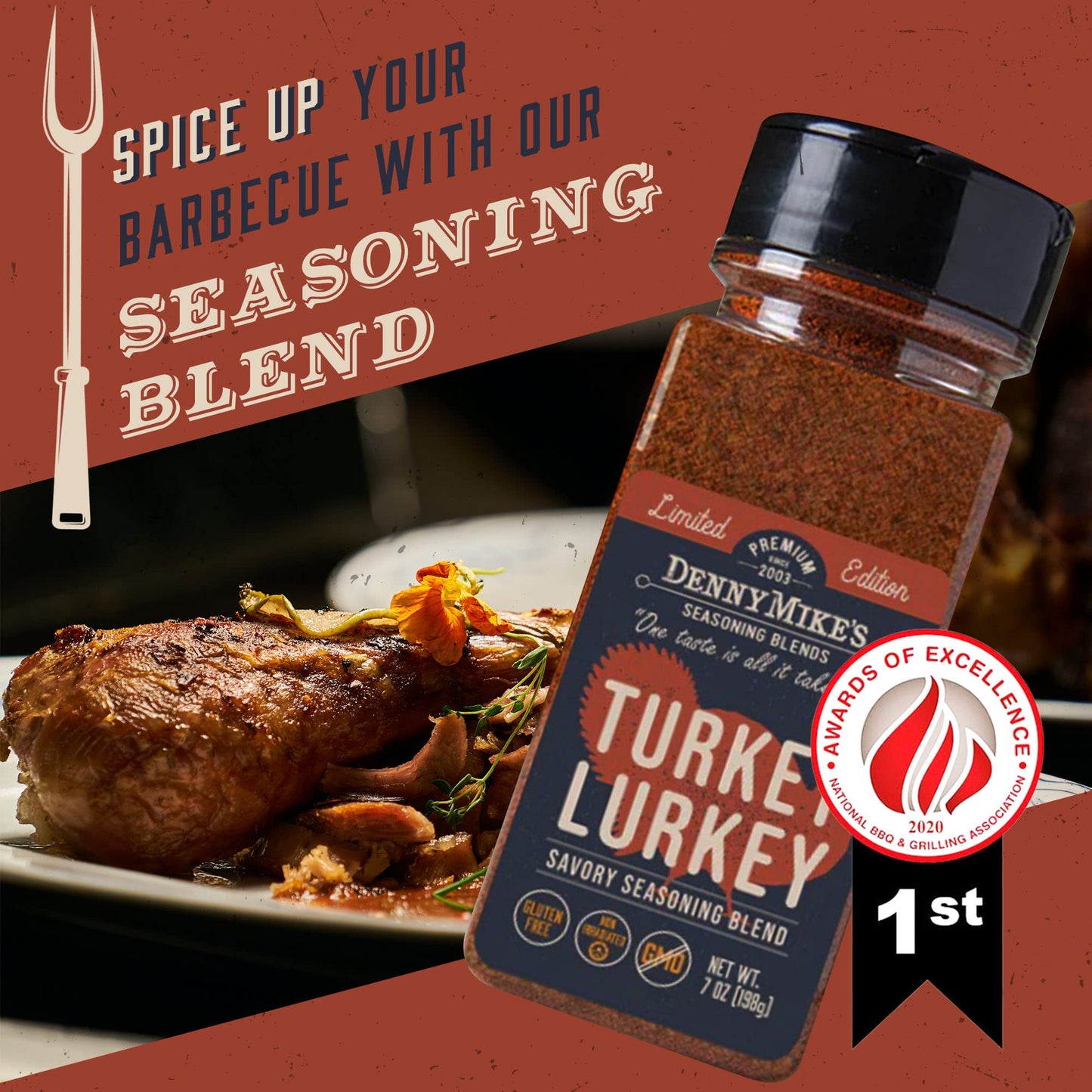 Dennymikes Turkey Lurkey Poultry Seasoning Bbq Rub, Low Sodium Seasoning & Gluten-Free Gourmet Chicken Herbs, Spices & Seasonings For Roasting, Brining, Smoky Aroma, & Grilling, 7 Oz