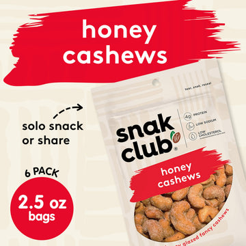 Snak Club Honey Cashews, Honey Glazed Nuts, Kosher Snack, 2.5 oz Bags, 6 Pack