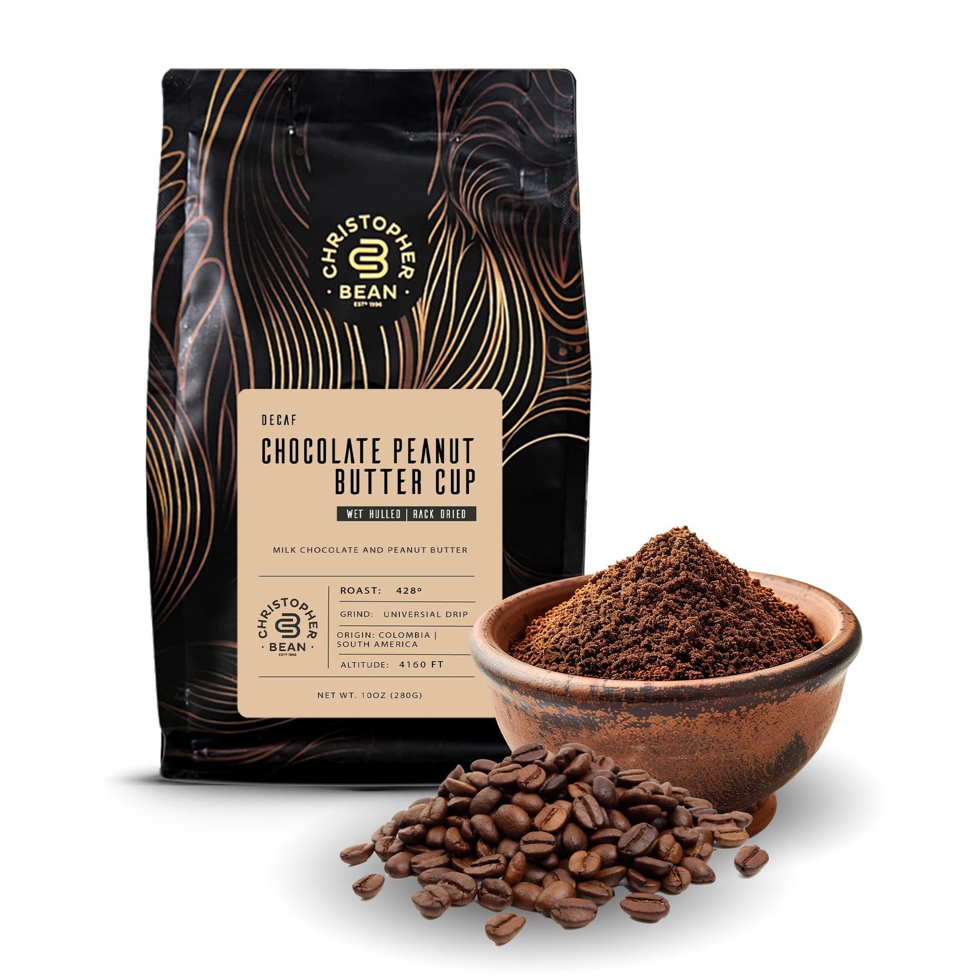 Christopher Bean Coffee - Certified Kosher - Decaf Ground Universal Drip Chocolate Peanut Butter Cup Flavored Coffee| Coffee Beans With Medium Roast 100% Arabica  No Sugar  No Fats  Non-Gmo | 10-Ounce Bag