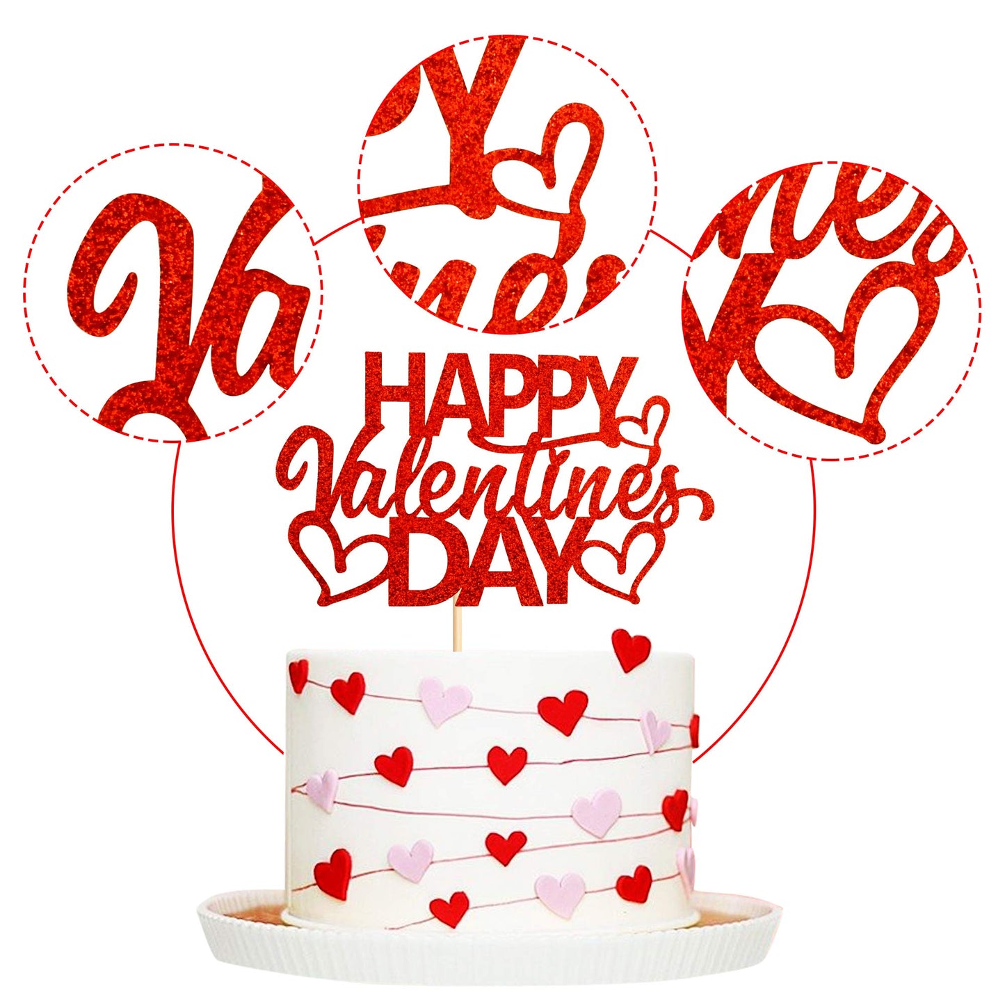 Ercadio 1 Pack Happy Valentine'S Day Cake Topper With Love Heart Red Glitter Cake Pick Valentine'S Day Theme Party Cake Decorati