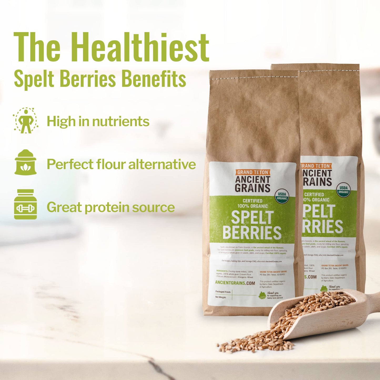 Grand Teton Organic Spelt Berries - Whole Unmilled Grain, 15 lbs, Nutritious Baking Staple