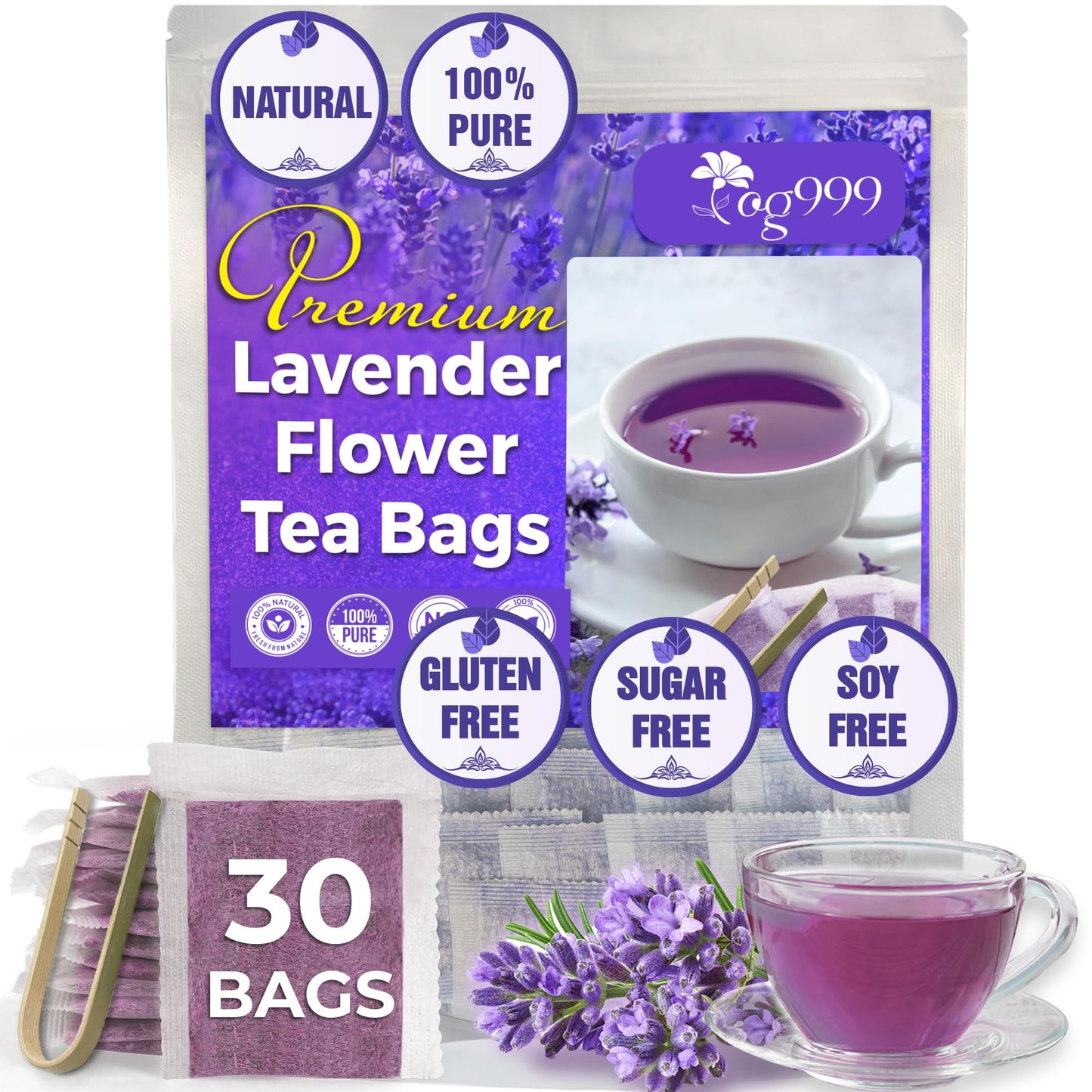 TOG999 Lavender Flower Tea Bags, 100% Natural Herbal Tea, Caffeine-Free, Vegan, 30 Bags