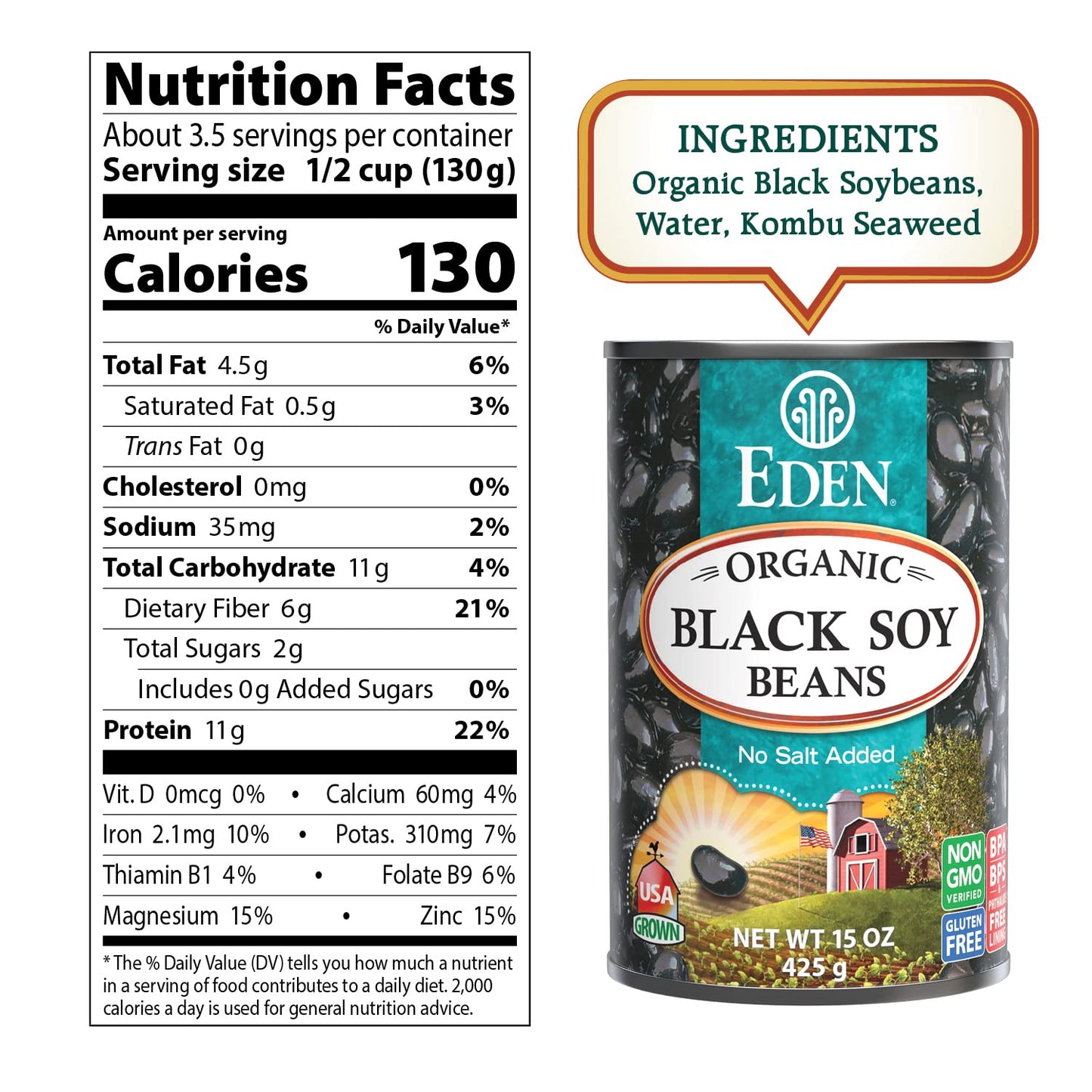 Eden Organic Black Soybeans, 15 Oz Can (6-Pack), Complete Protein, No Salt Added, Non-Gmo, Gluten Free, U.S. Grown, Heat And Serve, Macrobiotic, Soy Beans