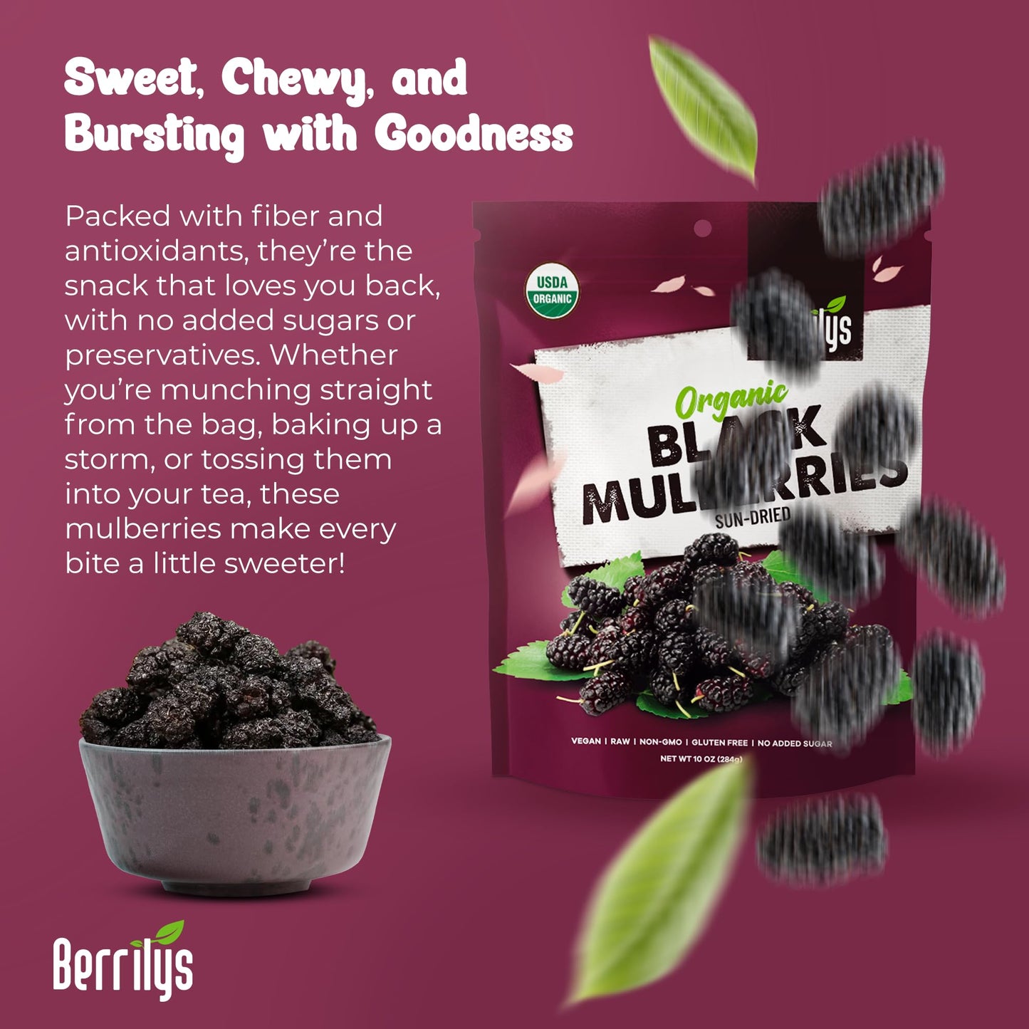 Berrilys Organic Dried Mulberries, Non-GMO, Unsulfured, Raw, 10 oz, Vegan Snack