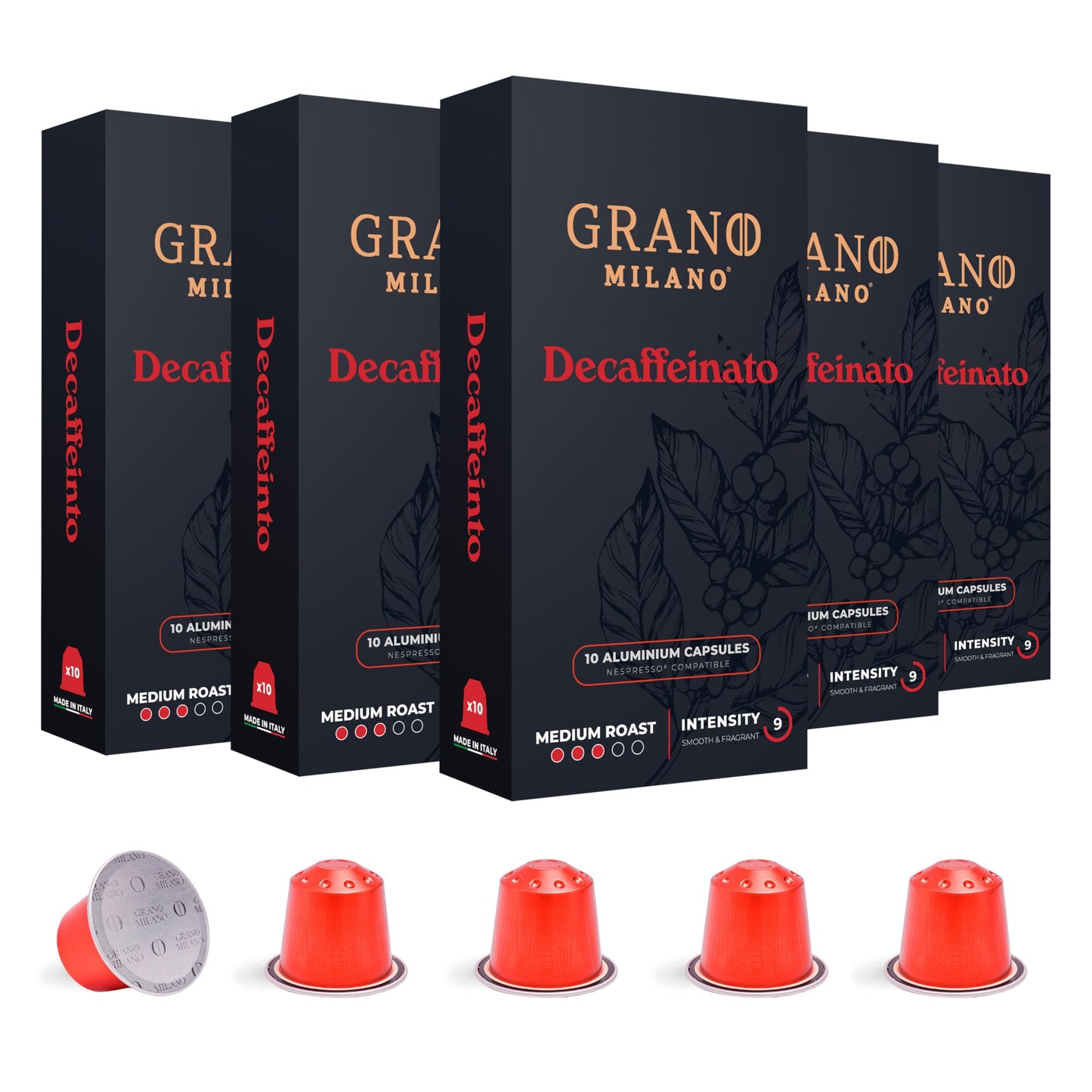 grano Milano - Aluminum coffee Pods compatible with NespressoA* Original Line Machines (Decaffeinato, 50 Pods)