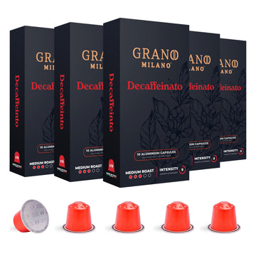 grano Milano - Aluminum coffee Pods compatible with NespressoA* Original Line Machines (Decaffeinato, 50 Pods)