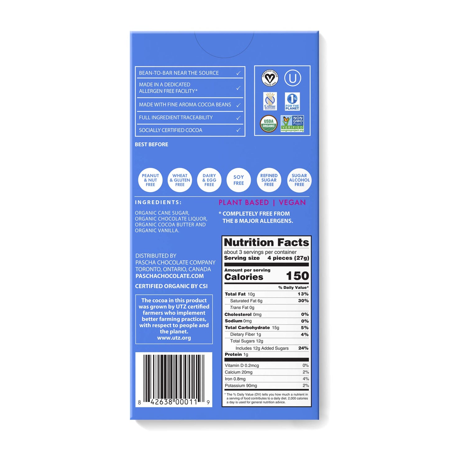 Pascha Organic Dark Chocolate Bars 55% Cacao, Utz, Gluten Free & Non Gmo, 2.8 Oz, Pack Of 10
