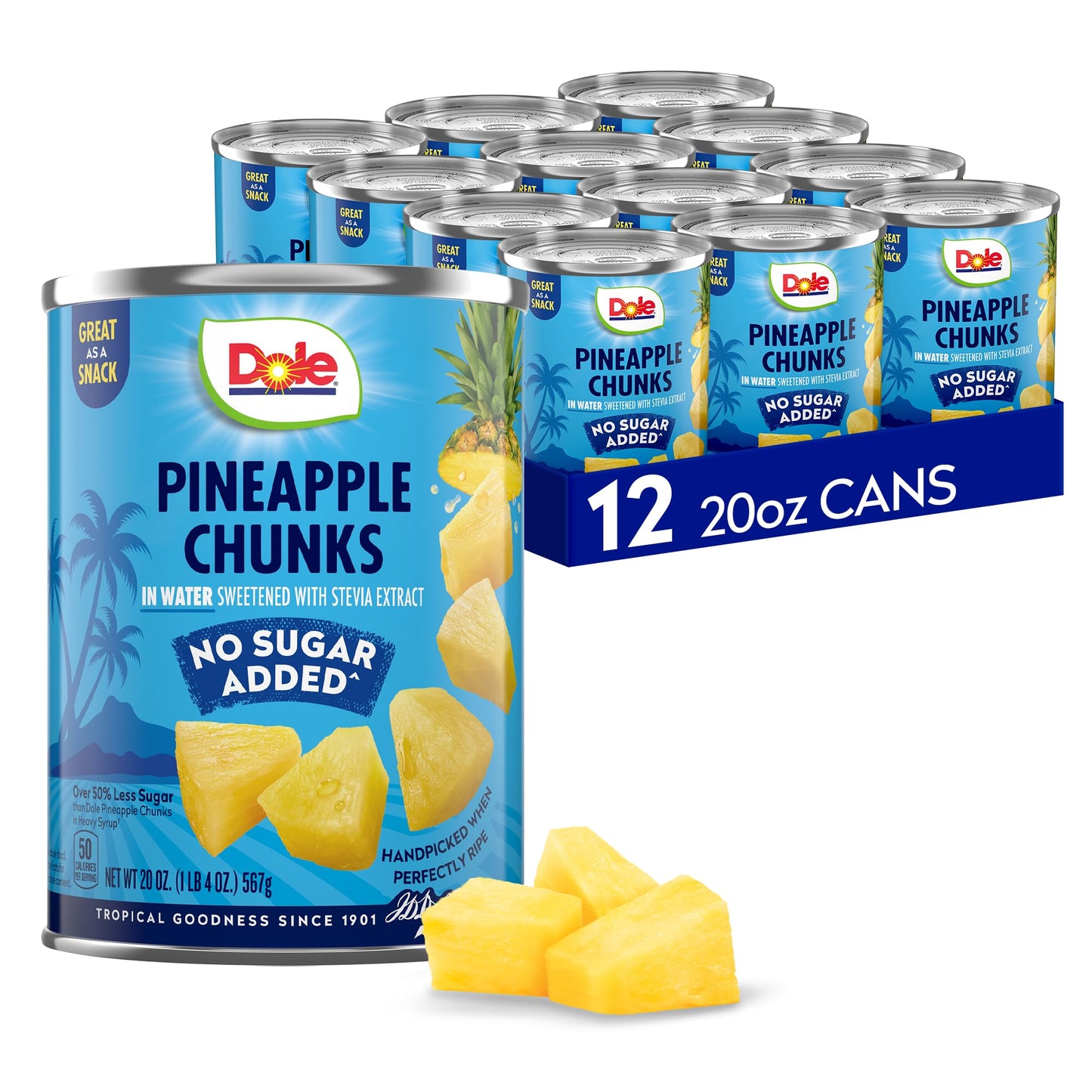 Dole Pineapple Chunks in Water with No Sugar Added - Dole Fruit Cans - 20 oz - 12 Pack