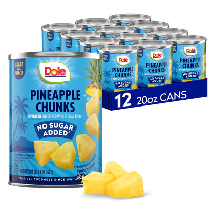 Dole Pineapple Chunks in Water with No Sugar Added - Dole Fruit Cans - 20 oz - 12 Pack