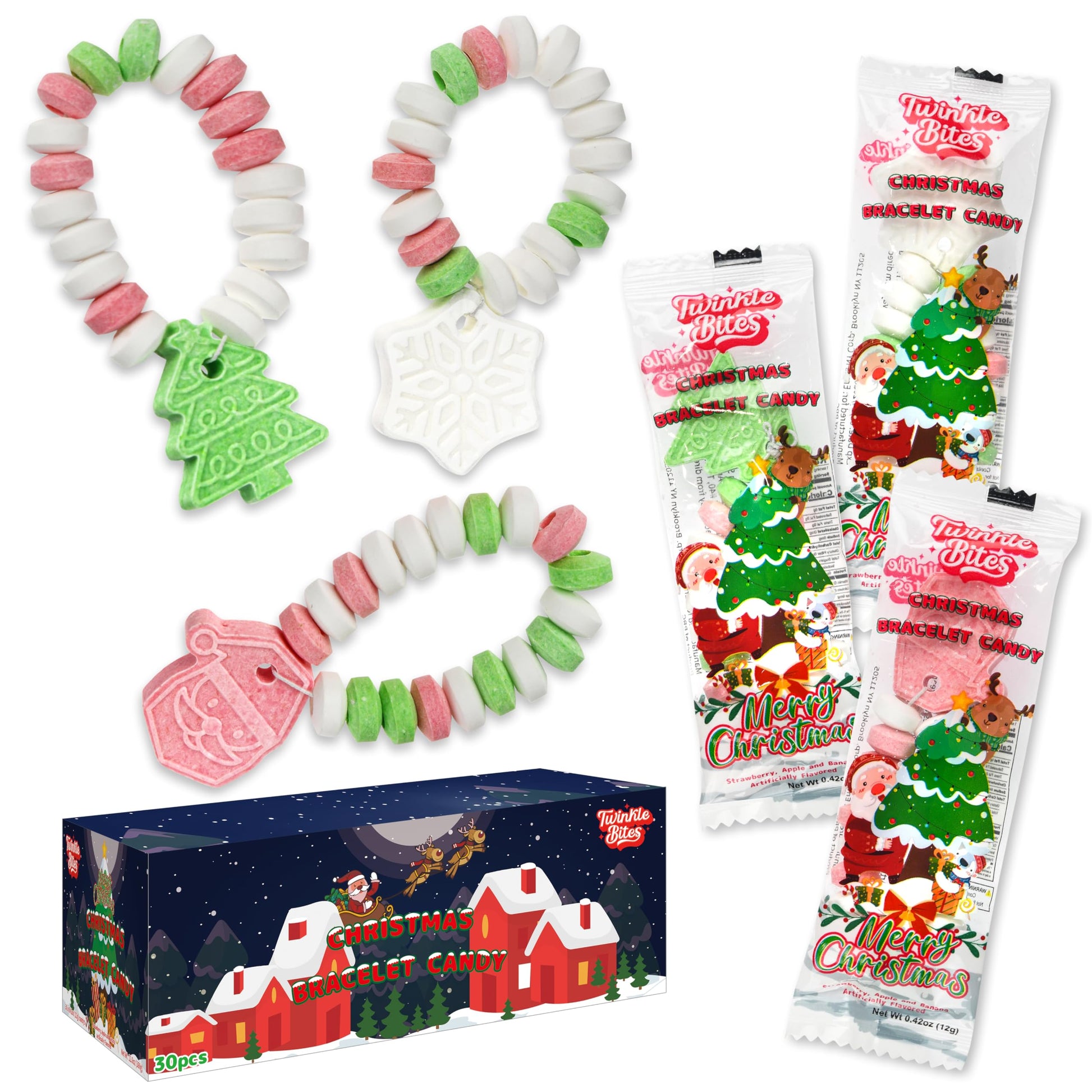 30 Pack Christmas Candy Bracelets - Individually Wrapped Holiday Themed Designs & Delicious Flavor -Bulk Christmas Candy Use For Stocking Stuffers  Party Favor  Classroom & Office 