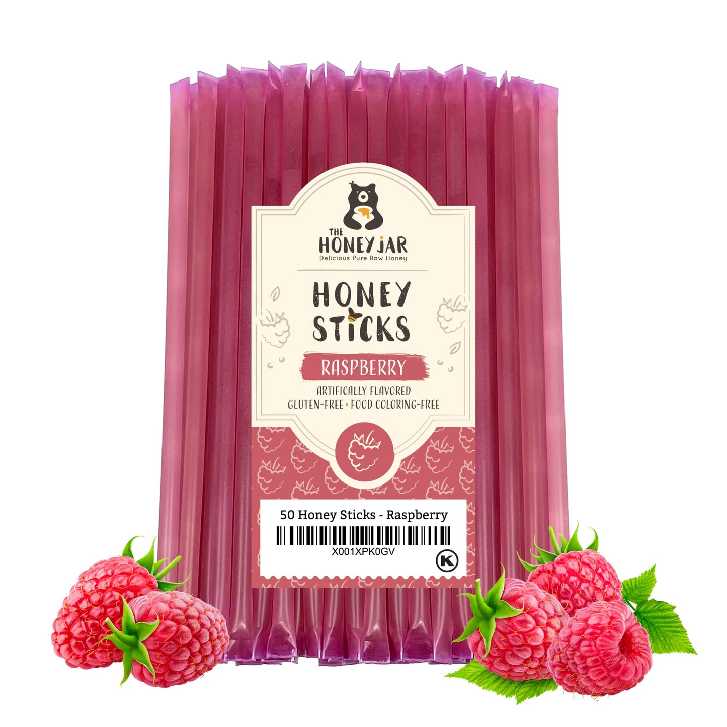The Honey Jar Raspberry Flavored Honey Sticks - Pure Honey Straws - 50 Count - Made in the USA