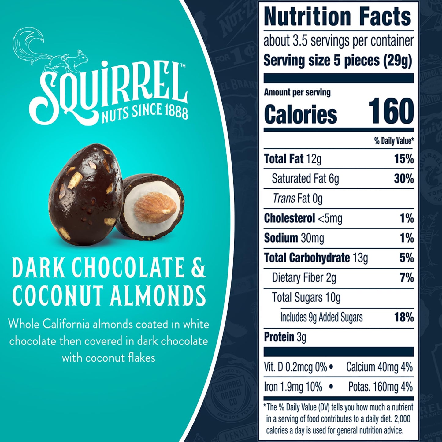 Squirrel Brand Dark Chocolate & Coconut Almonds  3.5 Ounces  Resealable Bag  Gluten Free  Kosher  Snacks for mature-themeds and Kids  California Almonds  Fair Trade Certified Cocoa