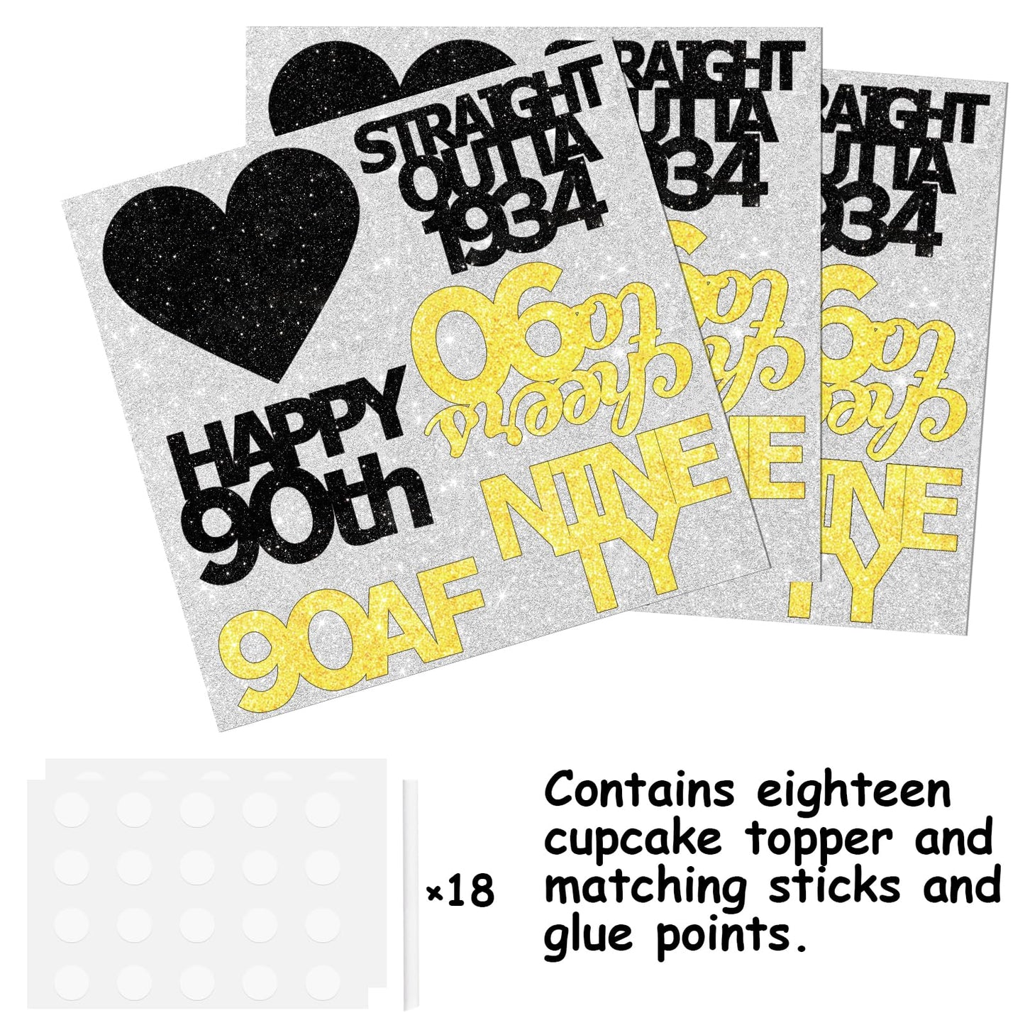 18Pcs Black Gold Glitter Dessert Cupcake Pick For Straight Outta 1934 Cheer To 90 Years Old Theme Decor Supplies Happy 90Th Birt