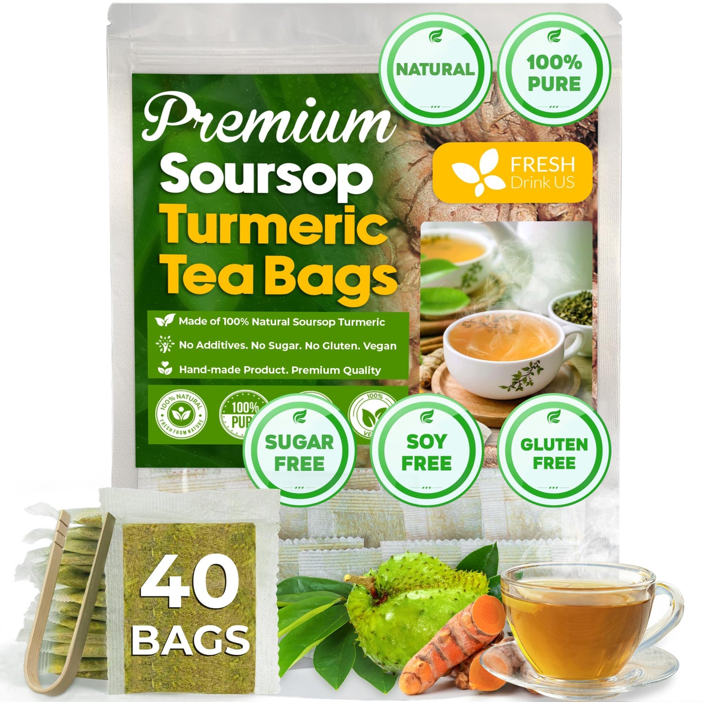 FRESHDRINKUS Premium Soursop Turmeric Tea Bags, 100% Natural, Vegan, 40 Special Bags