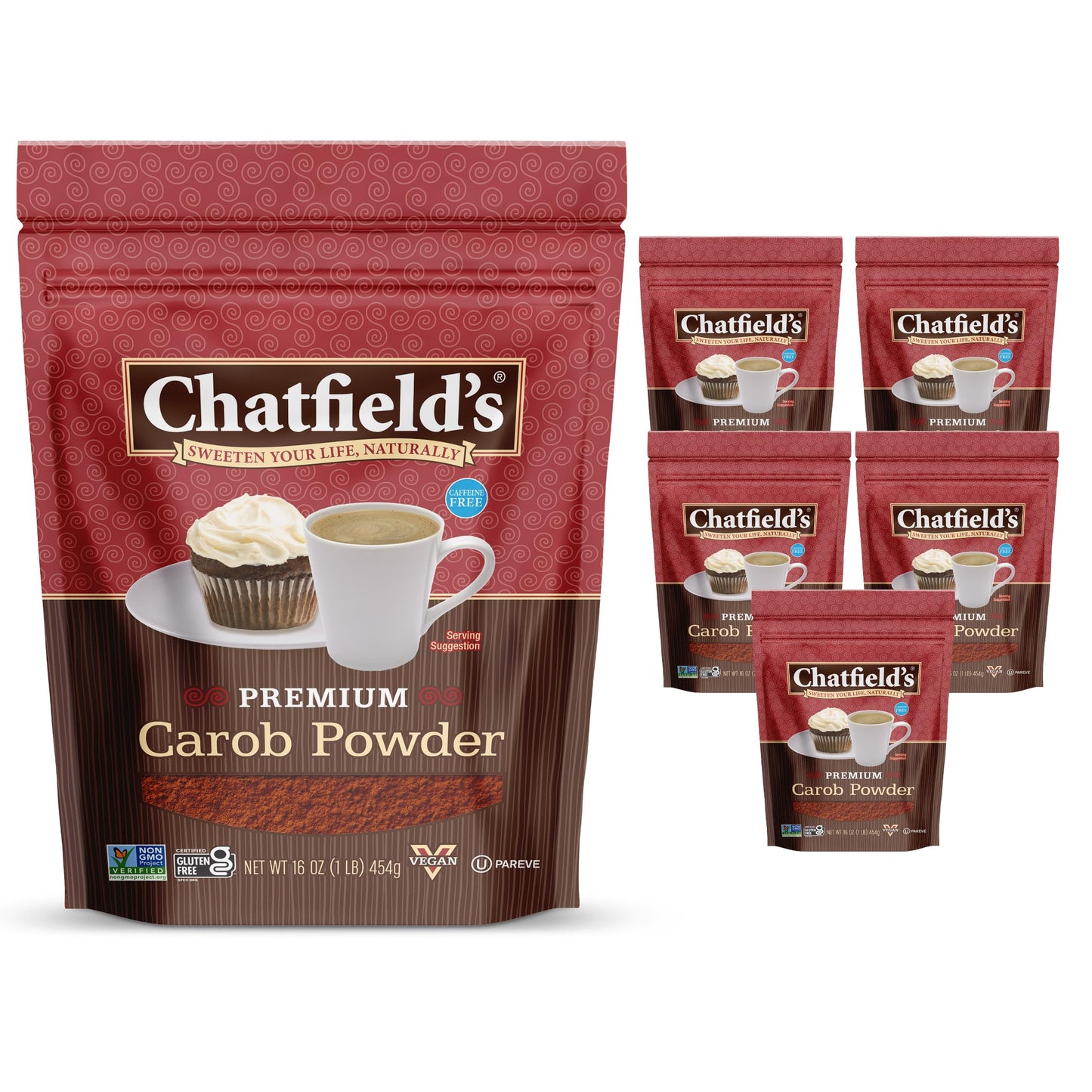 Chatfields enhanced Carob Powder  Caffeine-Free  Vegan Friendly  Kosher  Gluten Free & Non-GMO  16 Ounce (Pack of 6)