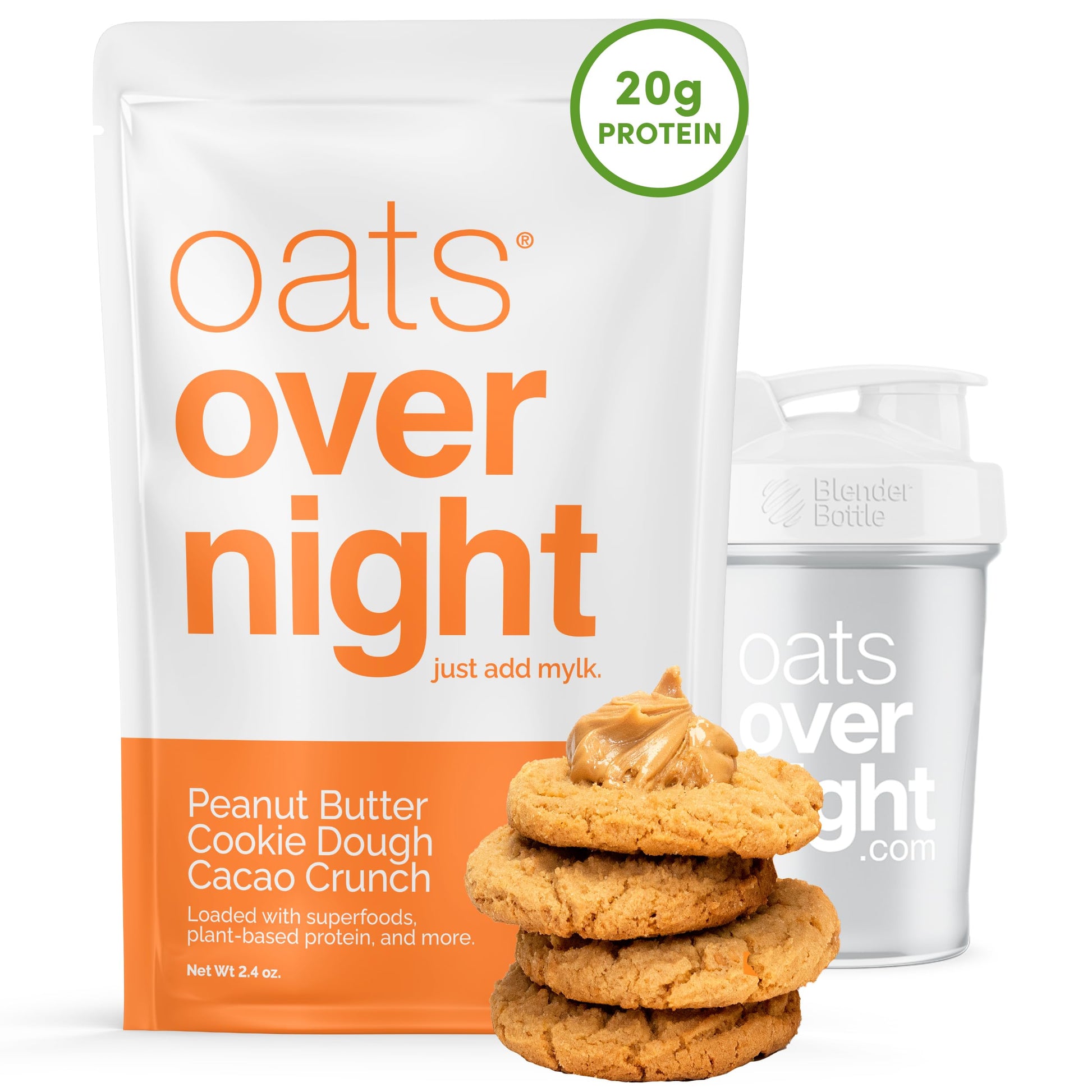 Oats Overnight Vegan Overnight Oats Protein Shake - 20g Protein, High Fiber, Gluten Free, 2.4 oz (Pack of 8 + BlenderBottle)