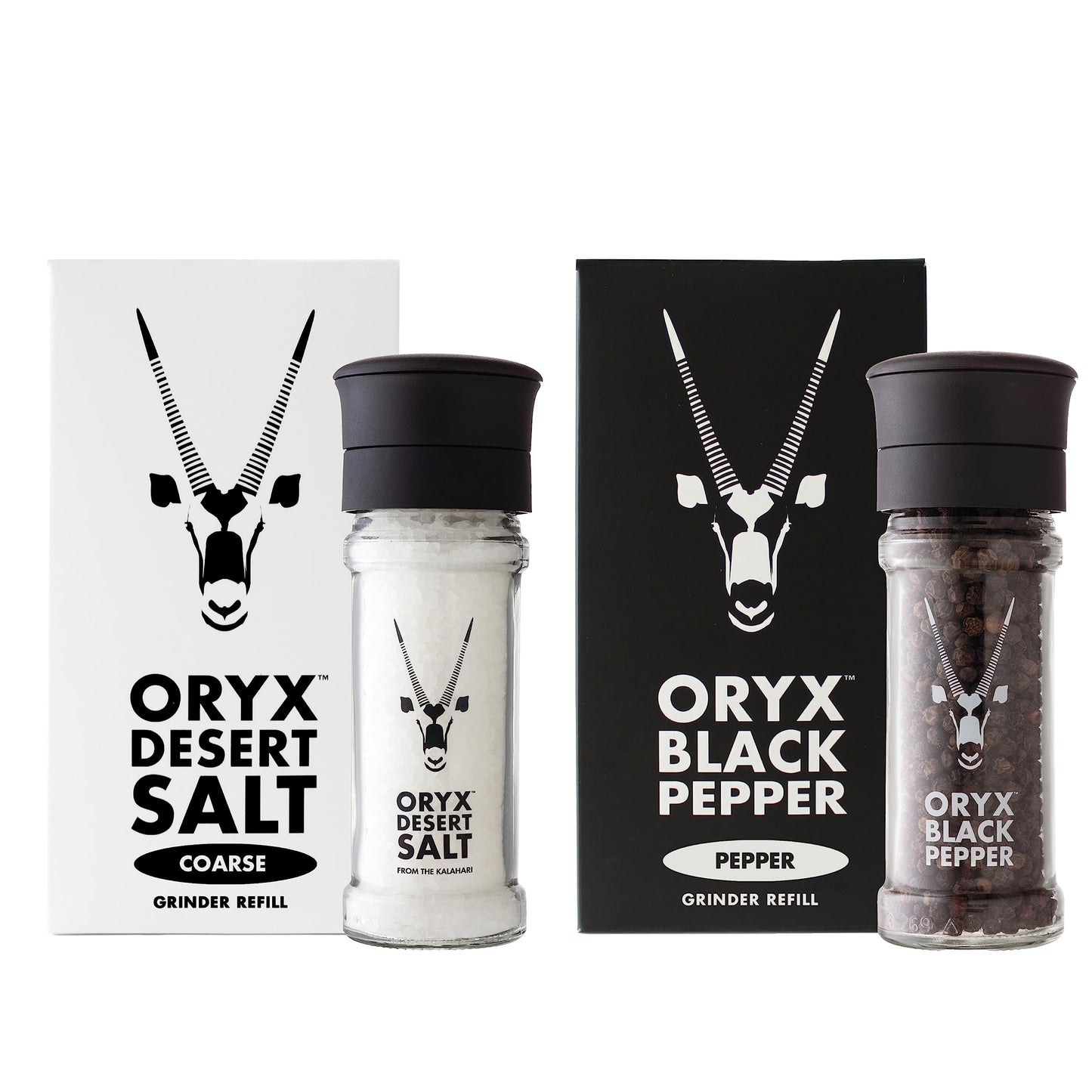 Oryx Desert Salt & Pepper Grinders Combo - 3.52oz Salt & 8.8oz Pepper, Plastic, White, Medium Size, Naturally Organic