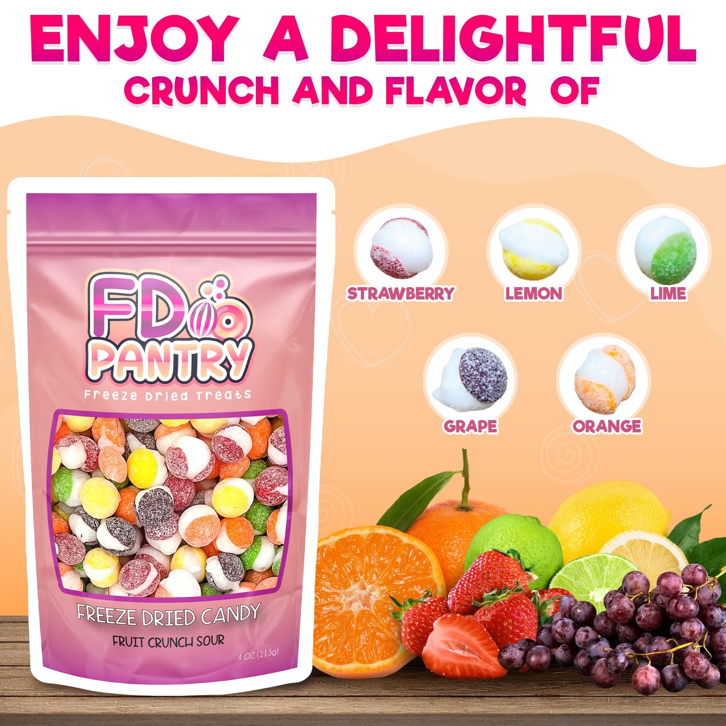 Freeze Dried Fruit Crunch Candy (Sour, 4 Oz) Treat Gift Bag Strawberry, Green Apple, Grape, Lemon, And Orange Sour Candy