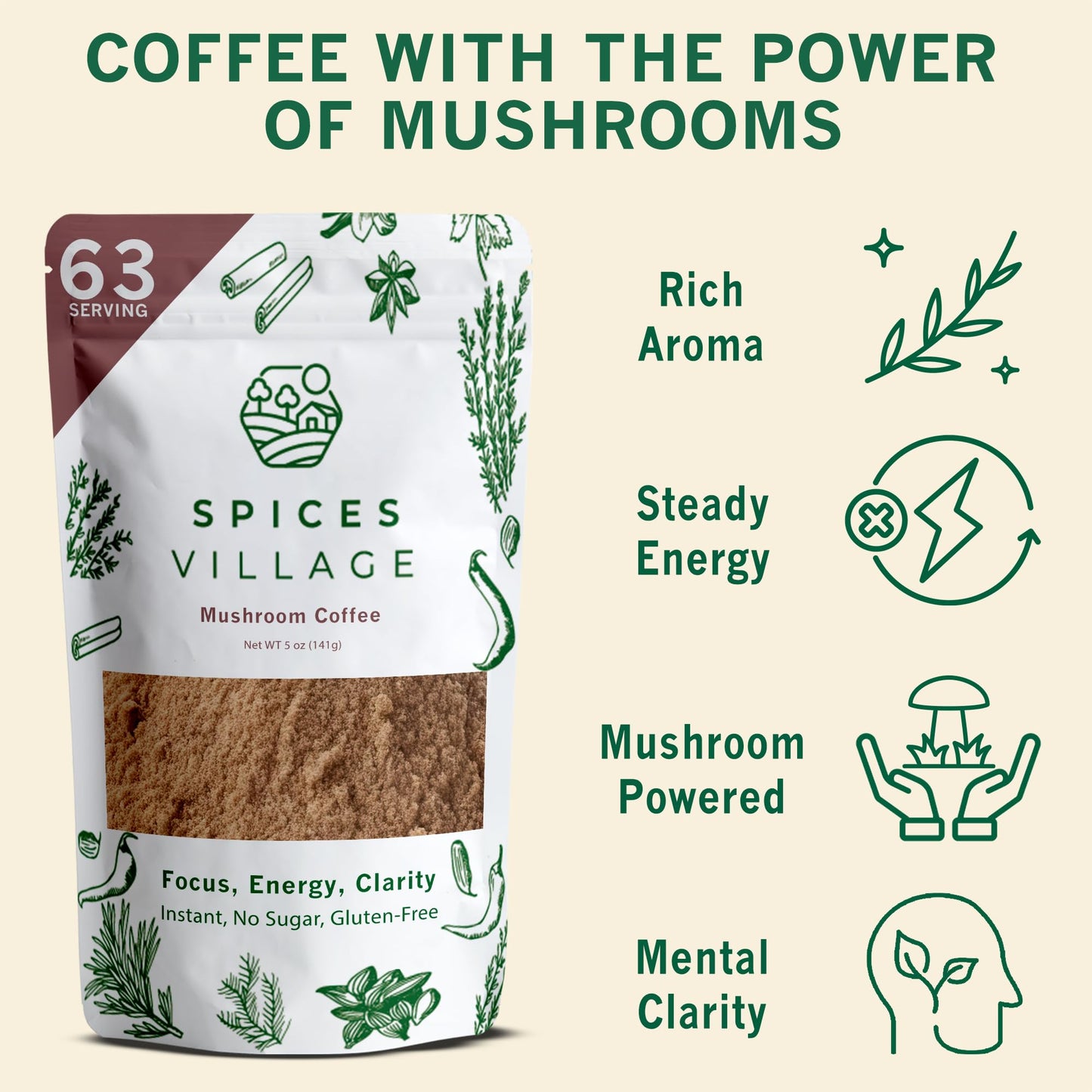 Spices Village Instant Mushroom Coffee with Lion’s Mane & Chaga, 5 oz, Ground Arabica, Kosher