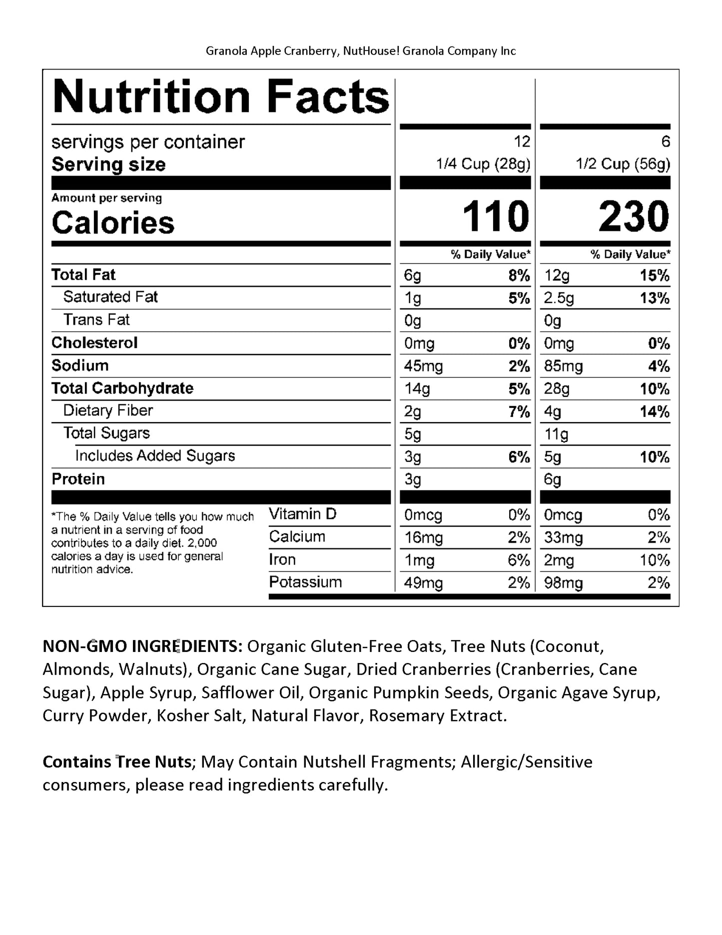 Nuthouse! Granola Company - Premium Apple-Cranberry Granola | Certified Gluten-Free, Non-Gmo, Kosher | Vegan, Soy-Free | 12 Oz.