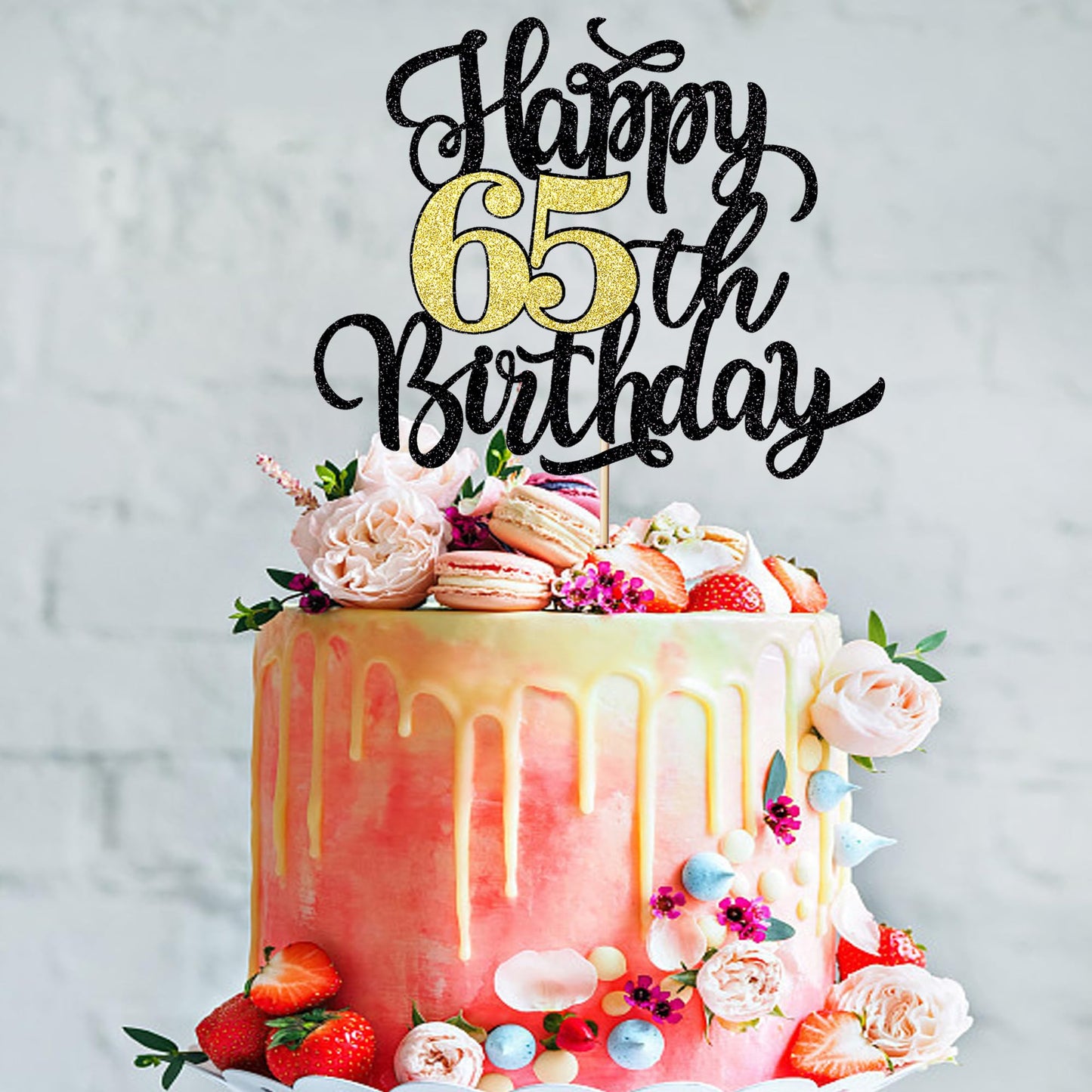 Leetaivie Happy 65Th Birthday Cake Topper, Black Gold Glitter Birthday Cake Topper, 65Th Anniversary/ 65Th Birthday Party Decora