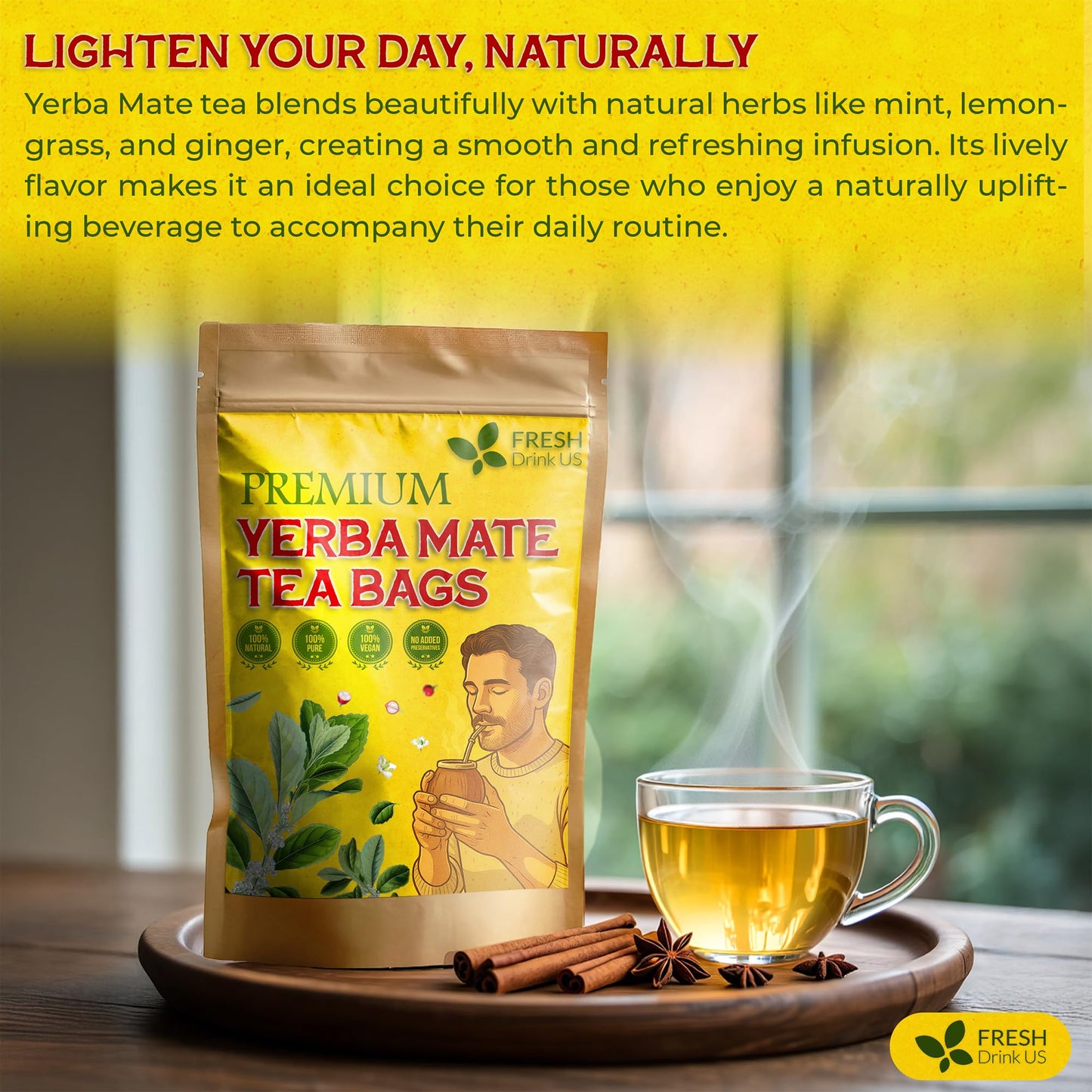 FreshDrinkUS  Yerba Mate Tea Bags | 120 Tea Bags | Traditional South American Herbal Tea - Smooth & Refreshing Flavor - enhanced Quality  Sustainably Sourced. Vegan.
