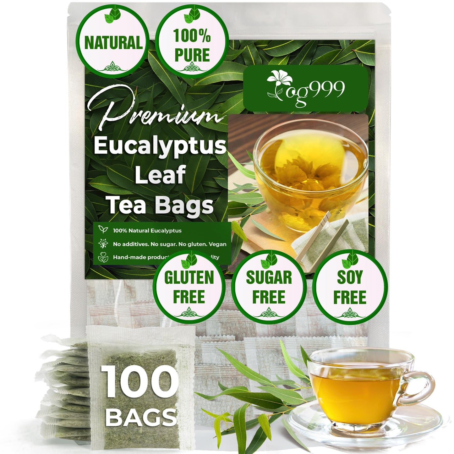 TOG999 Premium Eucalyptus Leaf Herbal Tea Bags, 100% Natural, 100 Bags, No Caffeine, Vegan