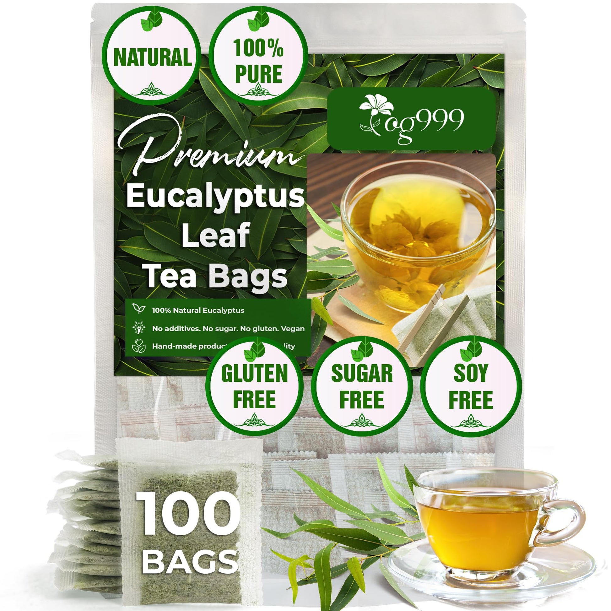 TOG999 Premium Eucalyptus Leaf Herbal Tea Bags, 100% Natural, 100 Bags, No Caffeine, Vegan