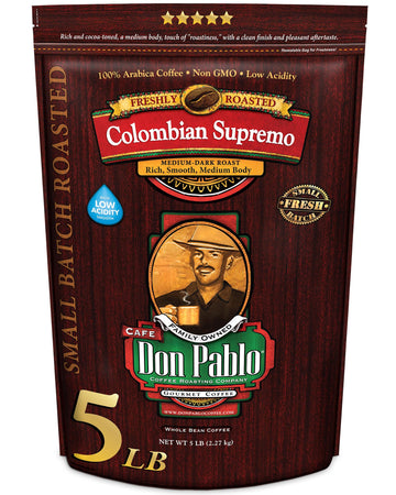 5Lb Don Pablo Colombian Supremo - Whole Bean Arabica Coffee - Medium-Dark Roast - Low Acidity - 5 Pound (5 Lb) Bag