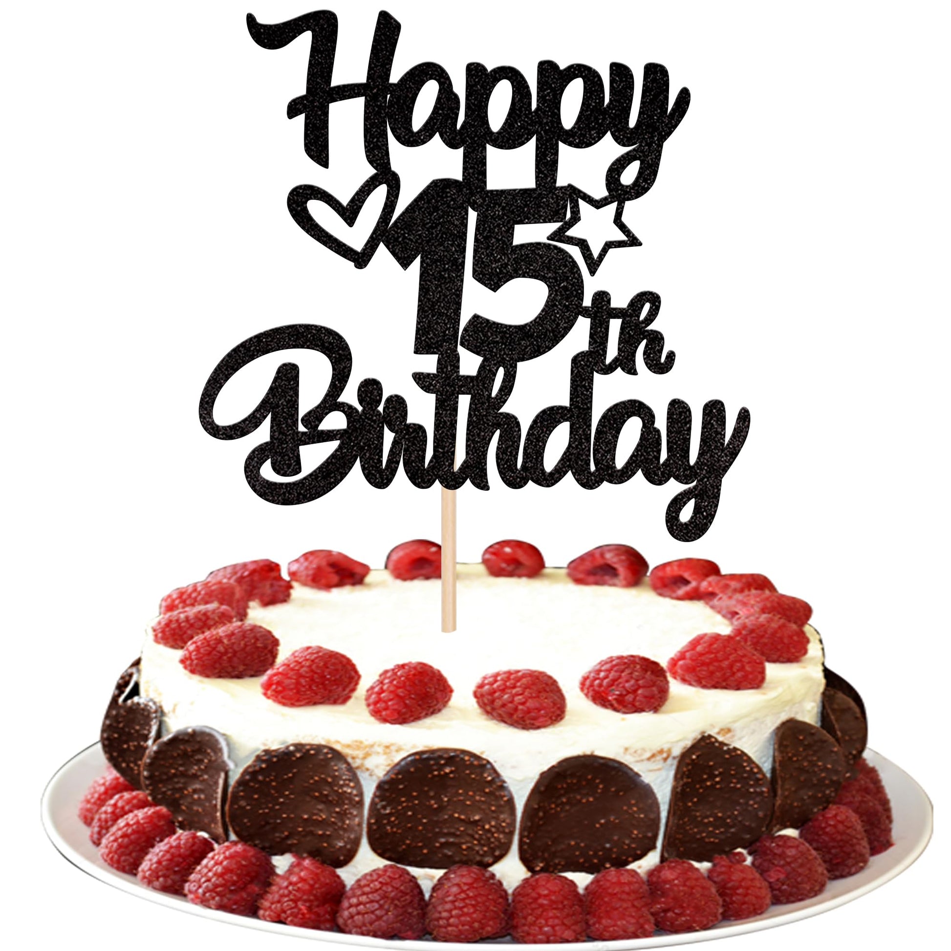 YCTHUNFISH 15th Birthday Cake Topper Glitter Heart Star Black Bamboo Decoration