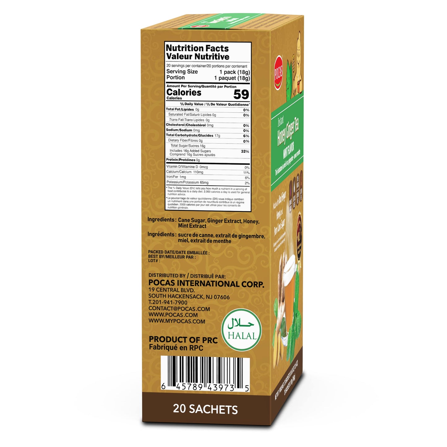Pocas Honey Ginger Instant Tea Powder, Mint Flavor, Caffeine-Free, 20 Packets