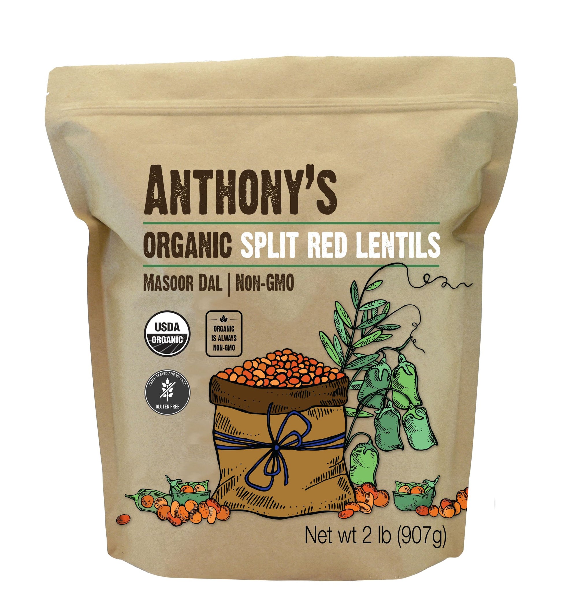 Anthonys Organic Split Red Lentils, 2 lb, Masoor Dal, Gluten Free, Non GMO, Vegan