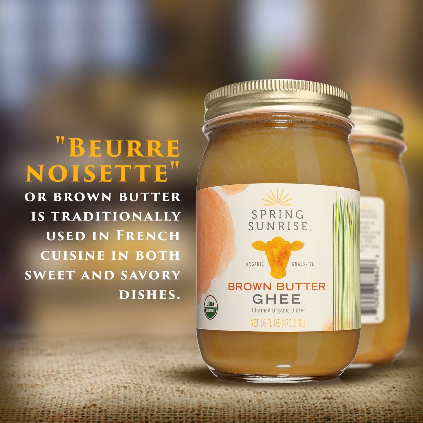 Spring Sunrise Brown Butter Ghee - Grass Fed Butter - Ghee Butter Organic Grass Fed - Ghee Clarified Butter - Ghee Butter - Ghee Organic - Grass Fed Ghee - Organic Ghee From Grass-Fed Cows