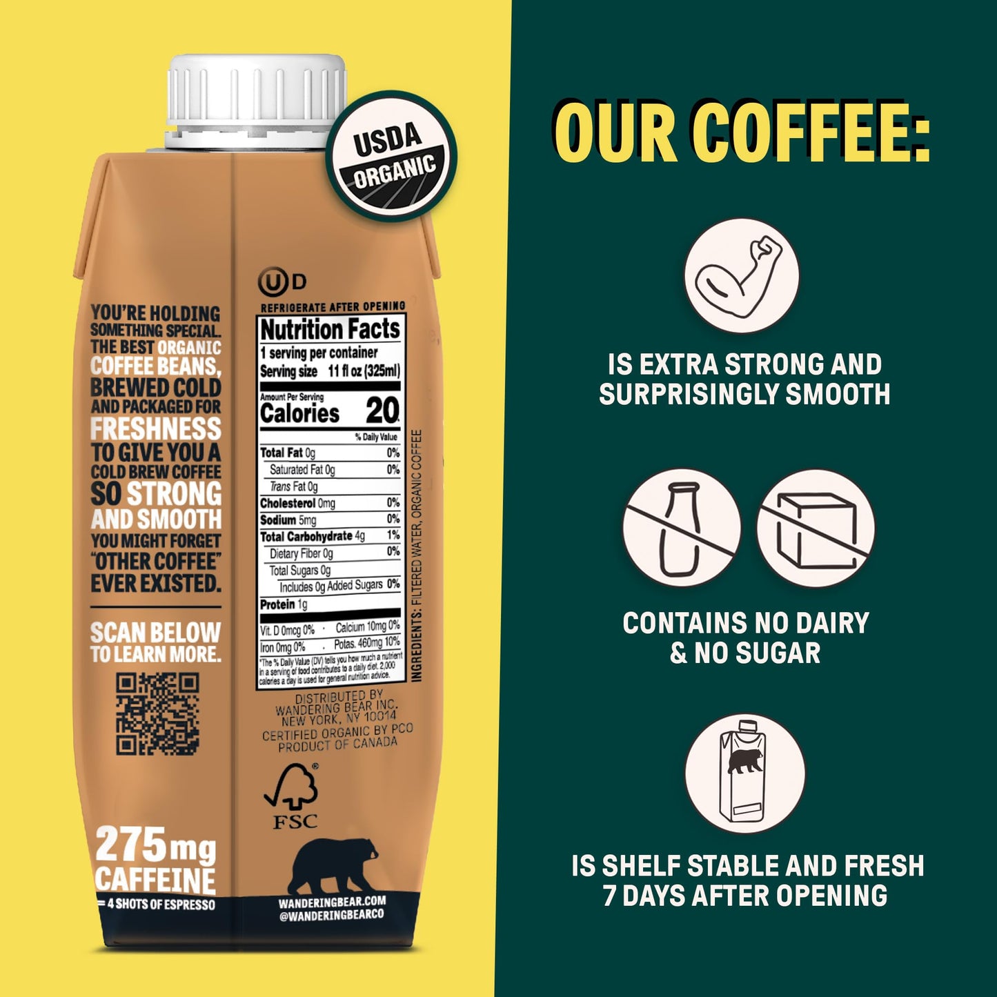 Wandering Bear Straight Black Organic Cold Brew Coffee On-The-Go, Iced Coffee, 11 Fl Oz, 12 Pack - Extra Strong, Smooth, Unsweet