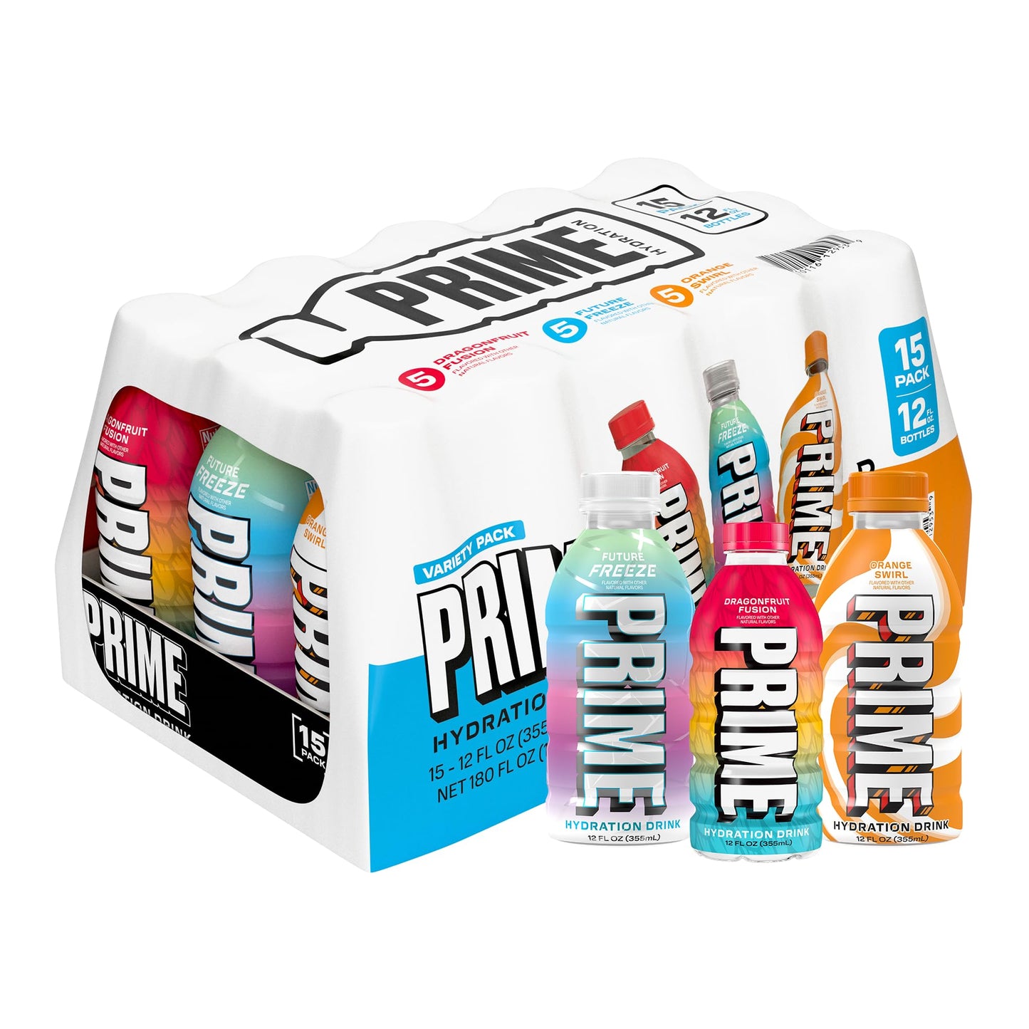 Prime Hydration Variety  Dragonfruit Fusion  Orange Swirl  & Future Freeze Sports Drinks  Electrolyte Enhanced To Replenish Fluids  Zero Added Sugar  B Vitamins  Antioxidants  12 Fl Oz  15 Pack