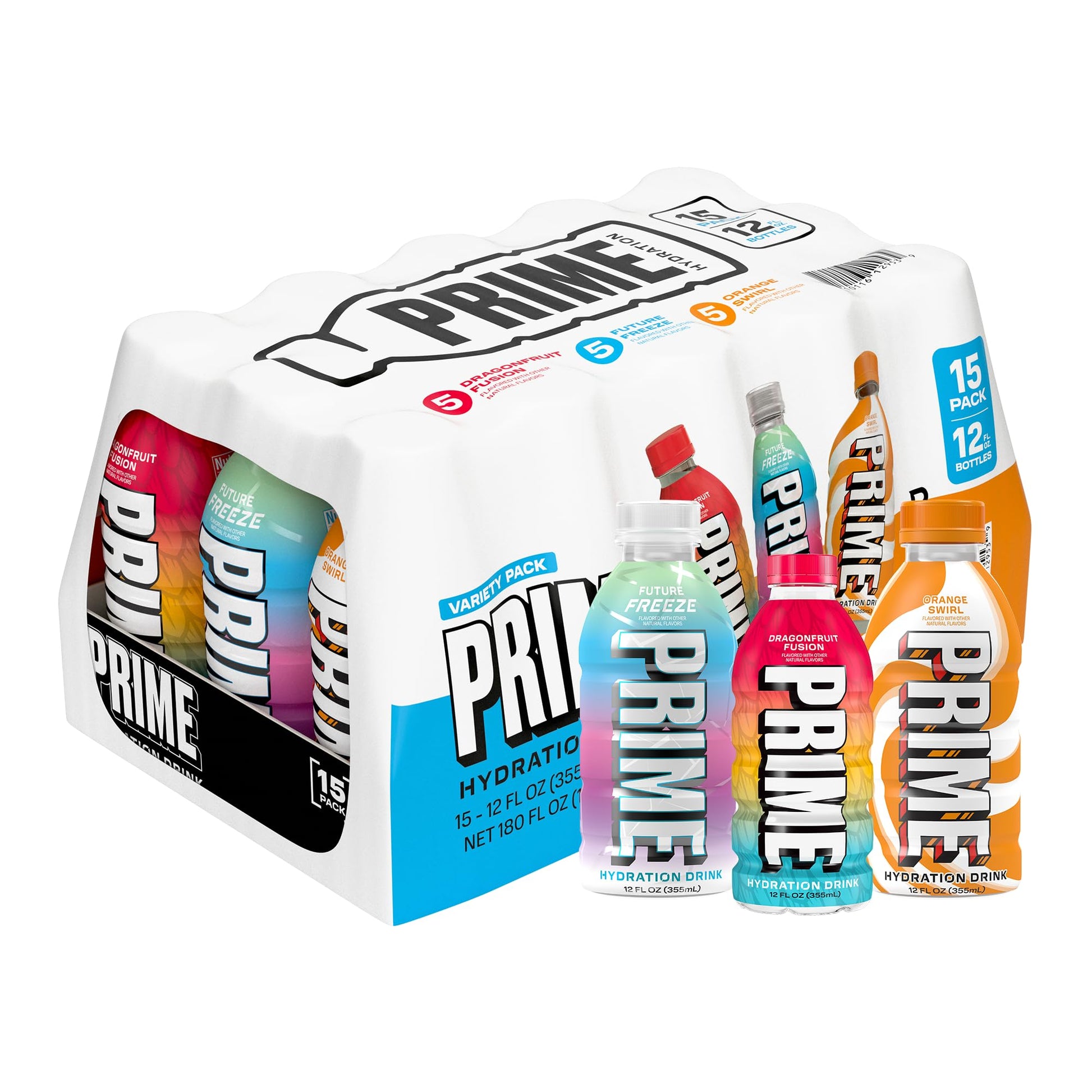 Prime Hydration Variety  Dragonfruit Fusion  Orange Swirl  & Future Freeze Sports Drinks  Electrolyte Enhanced To Replenish Fluids  Zero Added Sugar  B Vitamins  Antioxidants  12 Fl Oz  15 Pack