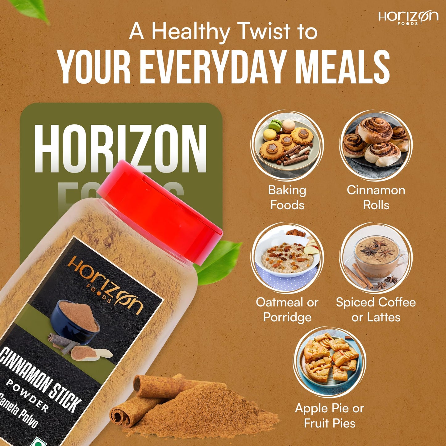 Horizon Foods Enhanced Ground Cinnamon Powder - 200G Grams Freshly Ground Cinnamon Sticks For Baking, Cooking & Seasonings - Ideal For Cinnamon Rolls, Mediterranean Food Recipes & Spices Gift Sets