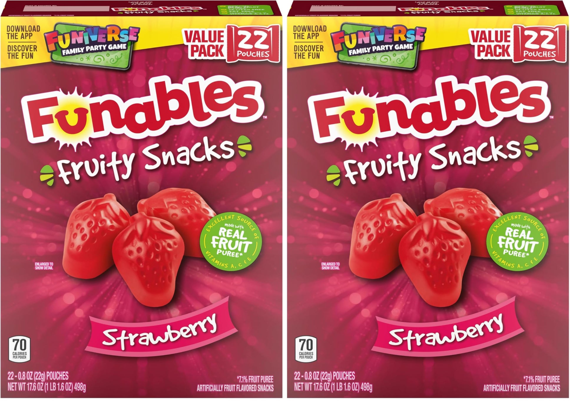 Funables Fruit Snacks, Strawberry Fruit Flavored Snacks, 0.8 Ounce Pouches (22 Count) (Pack of 2)