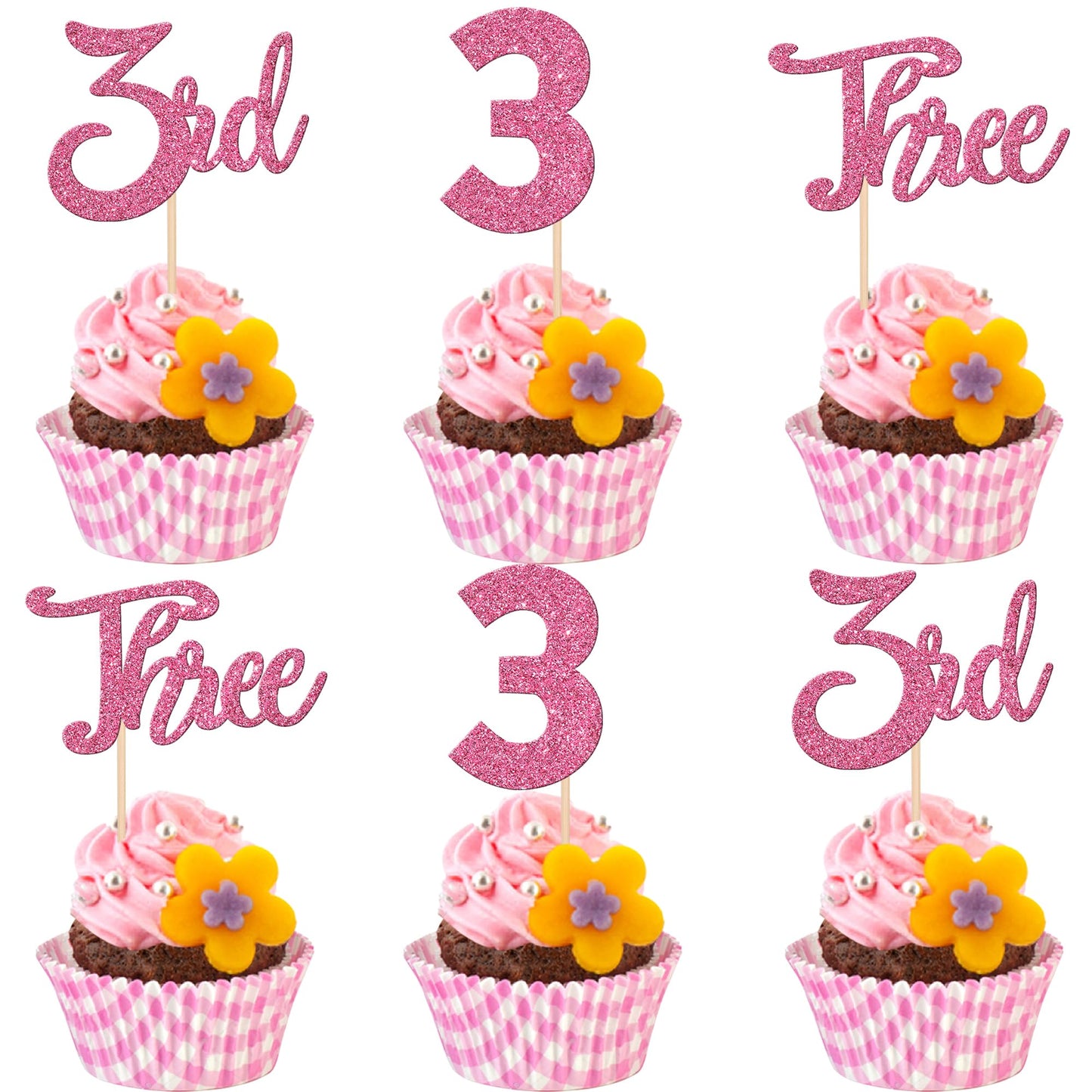 24 PCS Three Cupcake Toppers Glitter 3rd Birthday Cupcake Picks Number 3 Three Cake Picks for Baby Shower Kids 3rd Birthday Anni