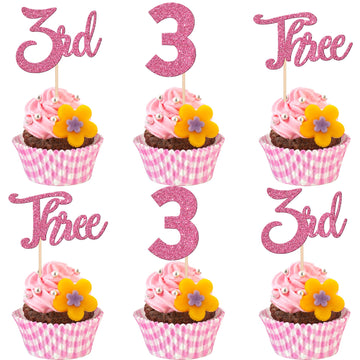 24 PCS Three Cupcake Toppers Glitter 3rd Birthday Cupcake Picks Number 3 Three Cake Picks for Baby Shower Kids 3rd Birthday Anni