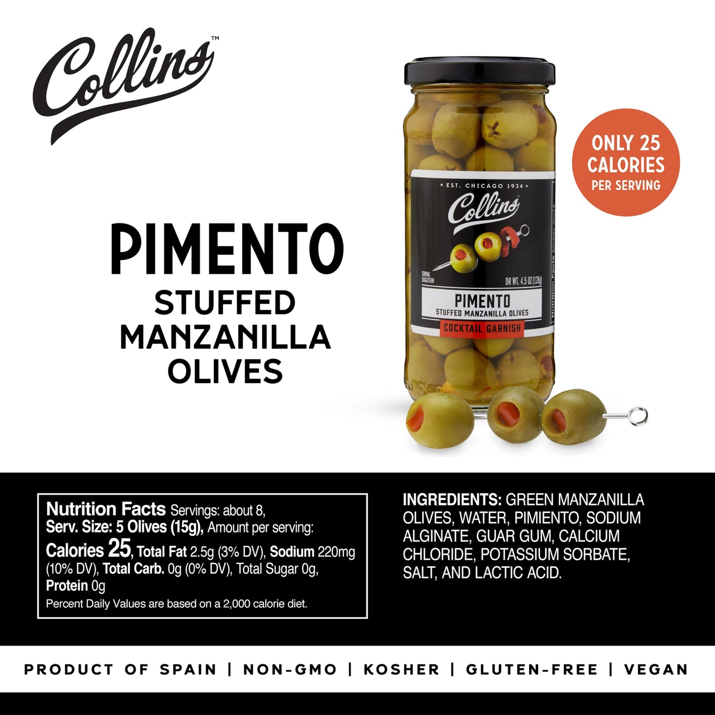 Collins Manzanilla Martini Pimento Olives, 5 oz, Popular Cocktail Garnish, Perfect for Dirty Martinis and Bloody Marys