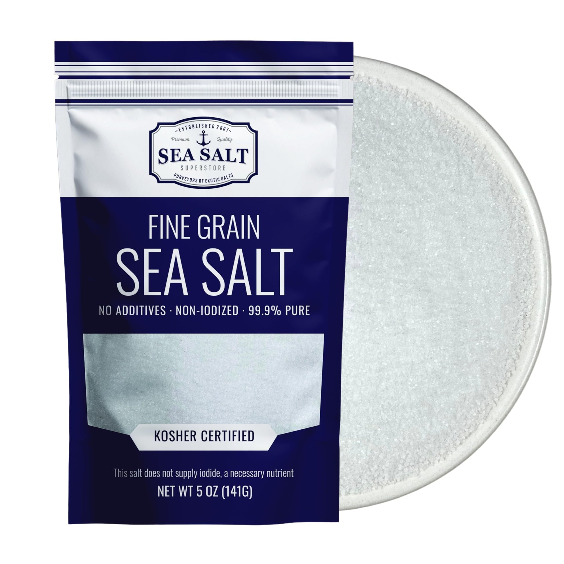 Sea Salt Superstore Fine Grain Sea Salt, Non-Iodized, 5 oz Bag, White