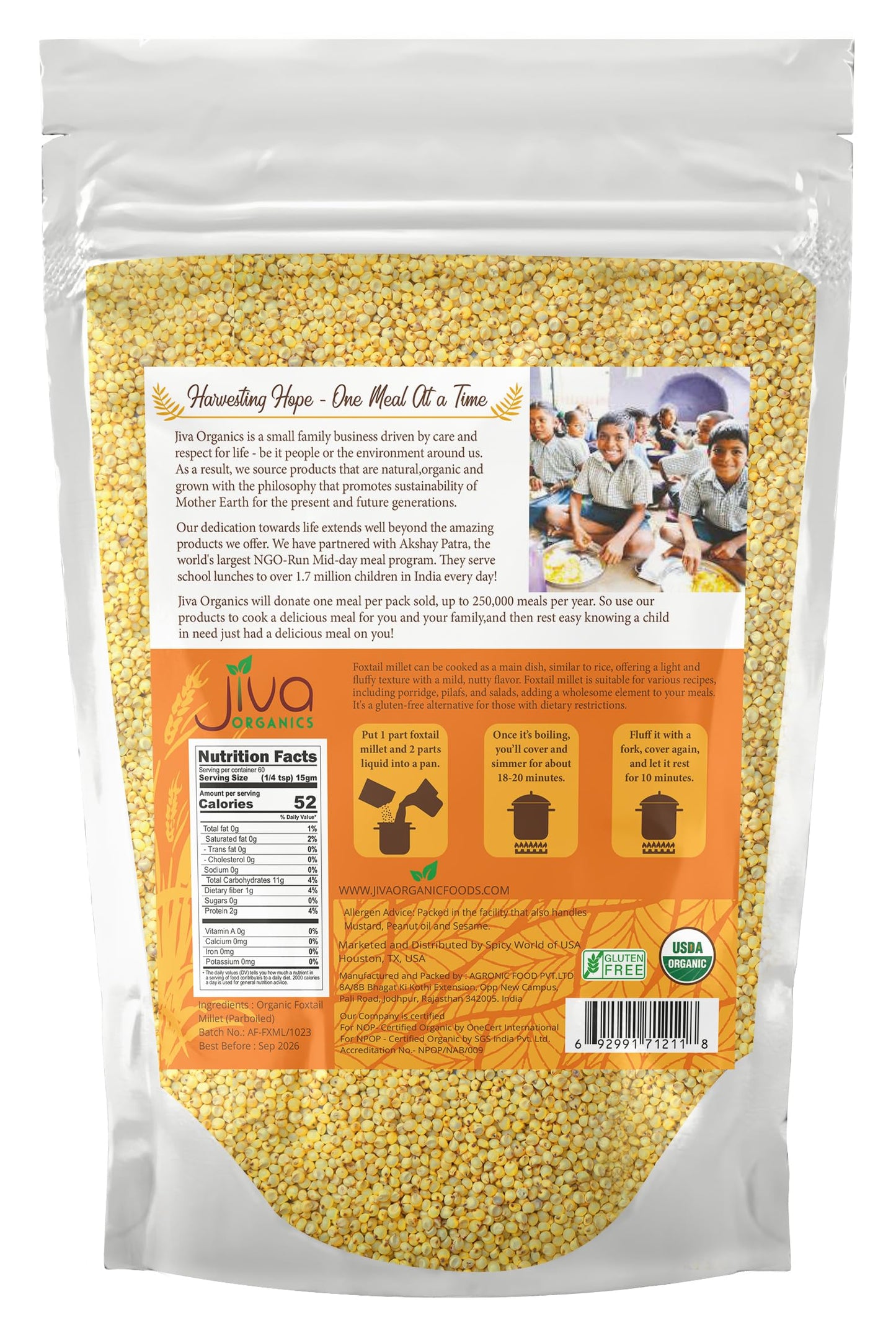 Jiva Organics Foxtail Millet 2 LB - Gluten-Free Whole Grain Superfood, High in Protein & Fiber for Indian Cooking
