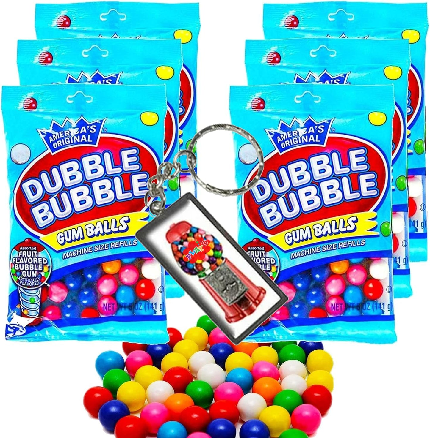 Refill Gumballs For Gumball Machine - Refill Bubble Gum 30 Oz - 6 Pack Of Double Bubble Gum Ball Candies - Christmas Holiday Gift Antique Style For Bubble Gum Machine -With Keychain - Playo