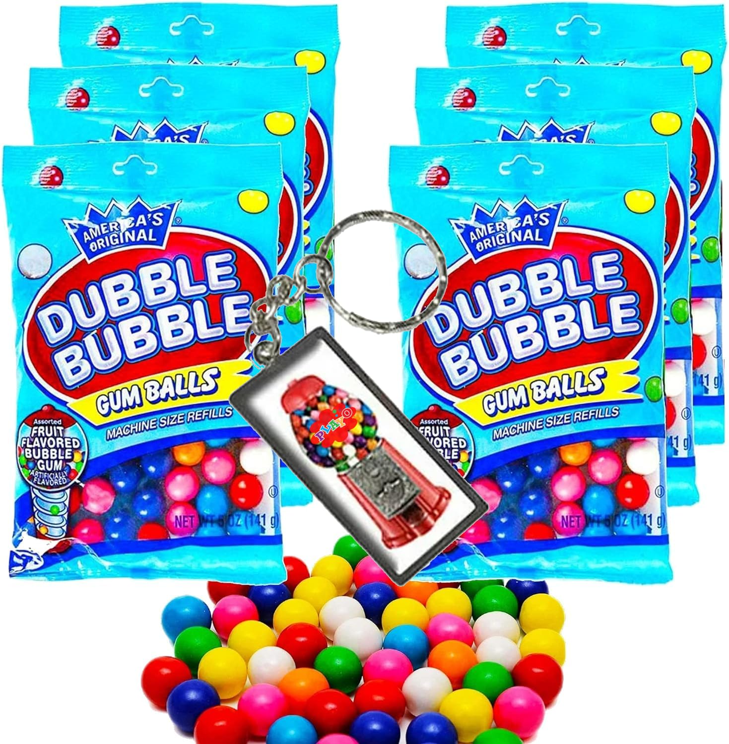 Refill Gumballs For Gumball Machine - Refill Bubble Gum 30 Oz - 6 Pack Of Double Bubble Gum Ball Candies - Christmas Holiday Gift Antique Style For Bubble Gum Machine -With Keychain - Playo