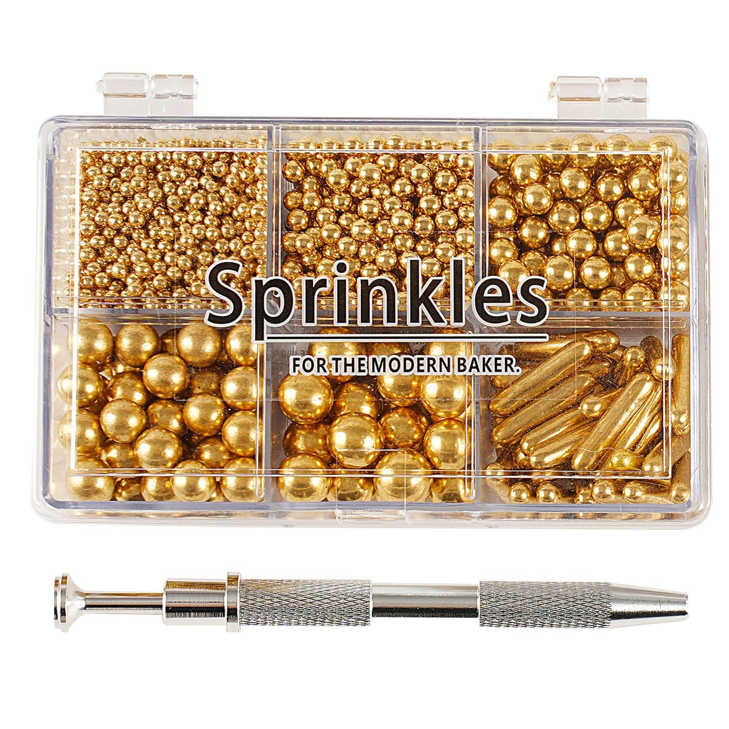 Kasvan Gold Mix Sugar Sprinkles - Edible Candy Pearls with 4-Claw Sprinkle Pen,118g/4.16 Oz, Gift Box Pack, Baking Cake Decorati